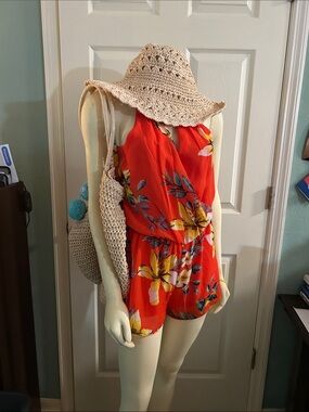 by & by Red Floral Halter Romper with Yellow & Blue Accents